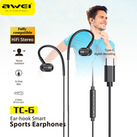 Awei TC-6 Wired Earphones USB C Noise Canceling Type-C Headphones Black Sports Headset For Running Cellphone Earbuds Wholesale