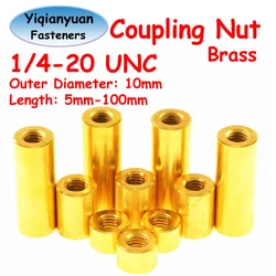 Yiqianyuan 1/4-20 UNC Thread Brass Extend Long Lengthen Round Coupling Nut Connector Joint Sleeve Nuts Copper Round Tubular Nut