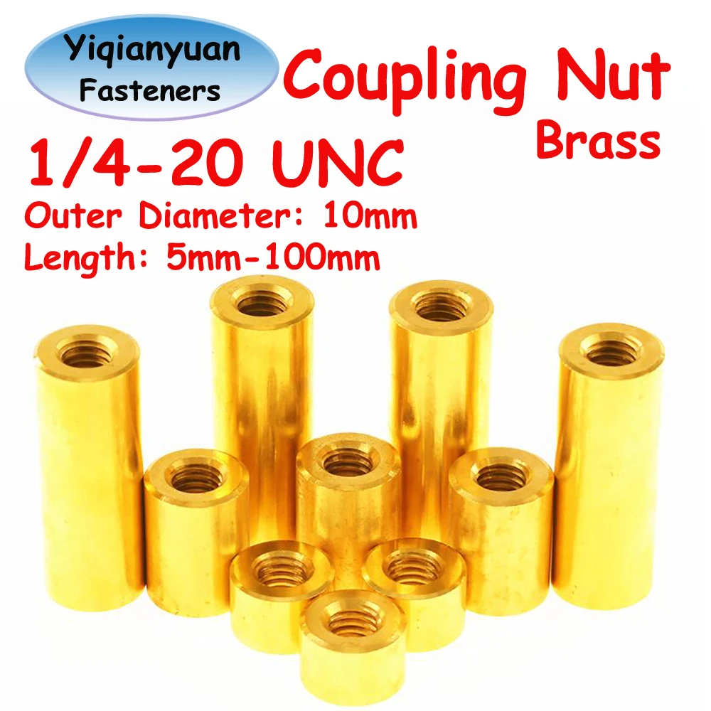 Yiqianyuan 1/4-20 UNC Thread Brass Extend Long Lengthen Round Coupling Nut Connector Joint Sleeve Nuts Copper Round Tubular Nut