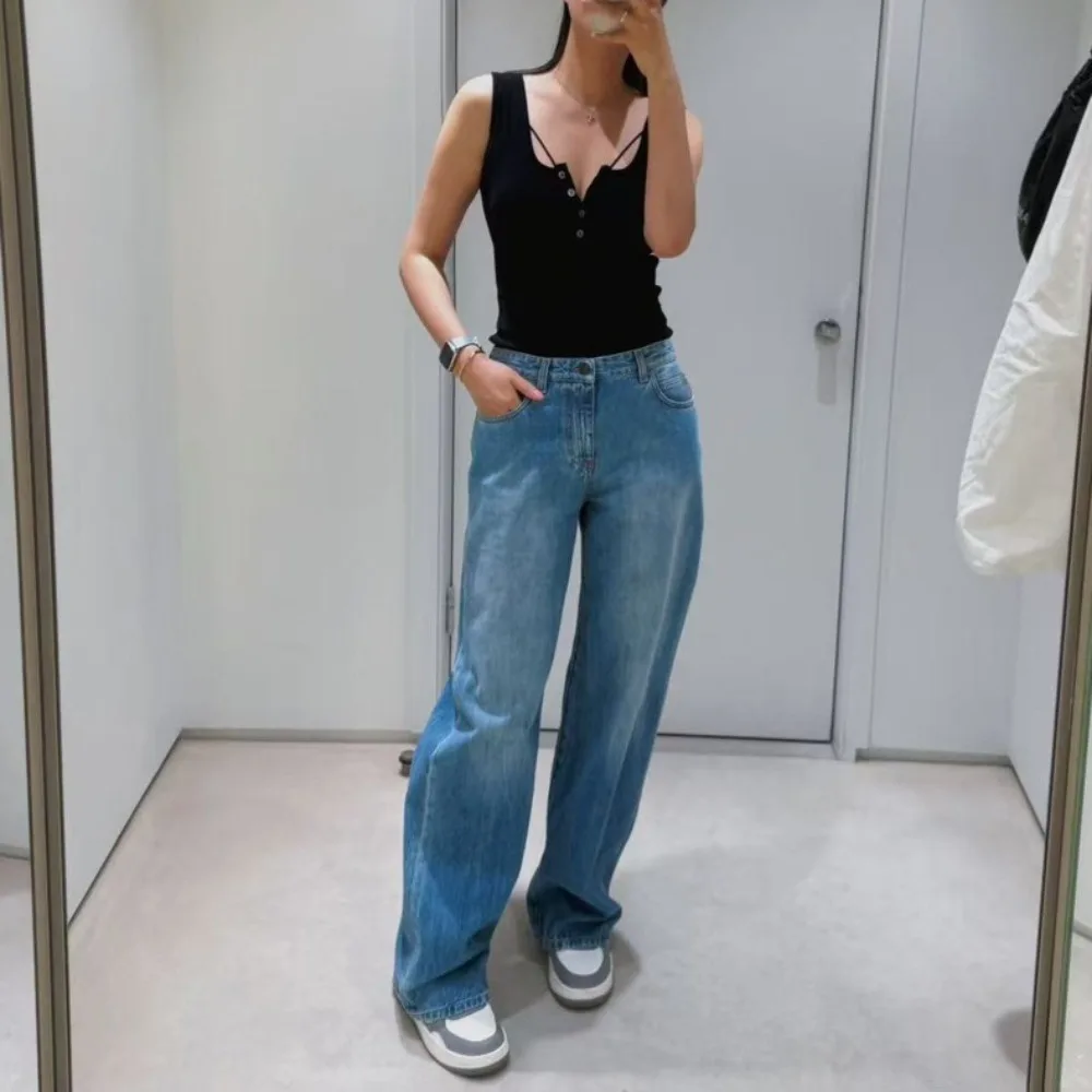 

Early Autumn Distressed Washed Wide-leg Jeans