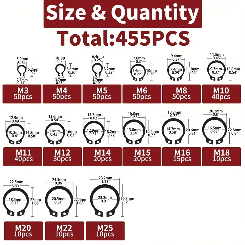 Kit surtido de anillos de seguridad internos, juego de arandelas de Clip C, kit de anillos de retención, M3-M25 de acero de 65Mn para orificio de eje de metal, 455 Uds.