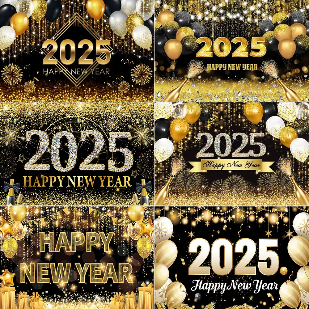 2025 Happy New Year Backdrop Fireworks Clocks Champagne Gold Balloons Family Celebrate Party Banner Decoration Photography Props