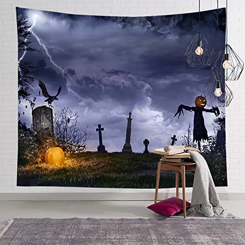 Halloween Tapestry Full Moon Night Pumpkin Scarecrow and Black Crow  Wall Hanging for Living Room Bedroom Party Decor