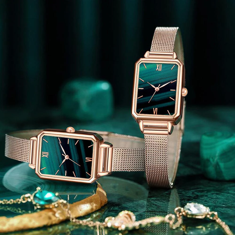 Women Watches Fashion Square Ladies Quartz Watch Bracelet Set Green Dial Simple Rose Gold Mesh Luxury Women Watches