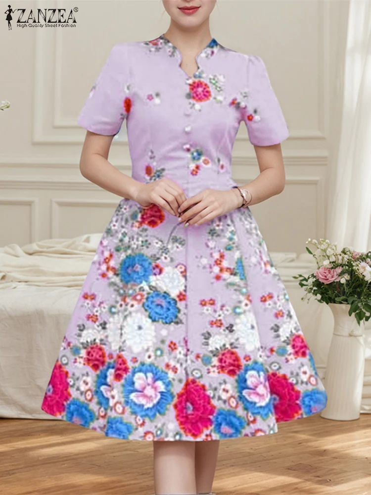 

ZANZEA Office Ladies Floral Printed Dress Women Chinese Style Sundress Vintage Casual Short Sleeve Robe 2025 Summer Vestidos