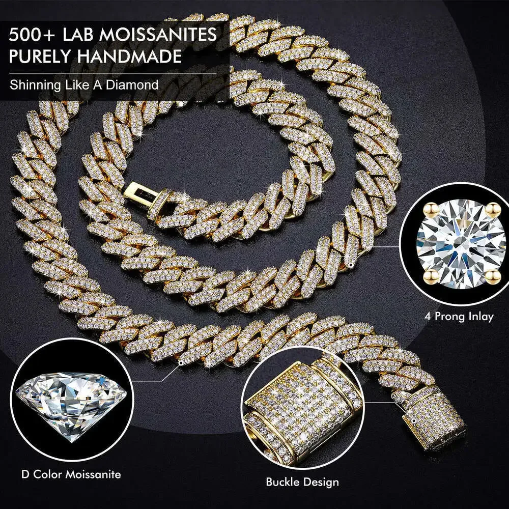 

Fine Jewelry Copper Material 14mm 18k Gold Plated Iced Out Moissanite Cuban Link Chain Men Necklace
