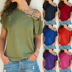 Summer casual diagonal shoulder cross irregular short sleeved printed women's T-shirt for women