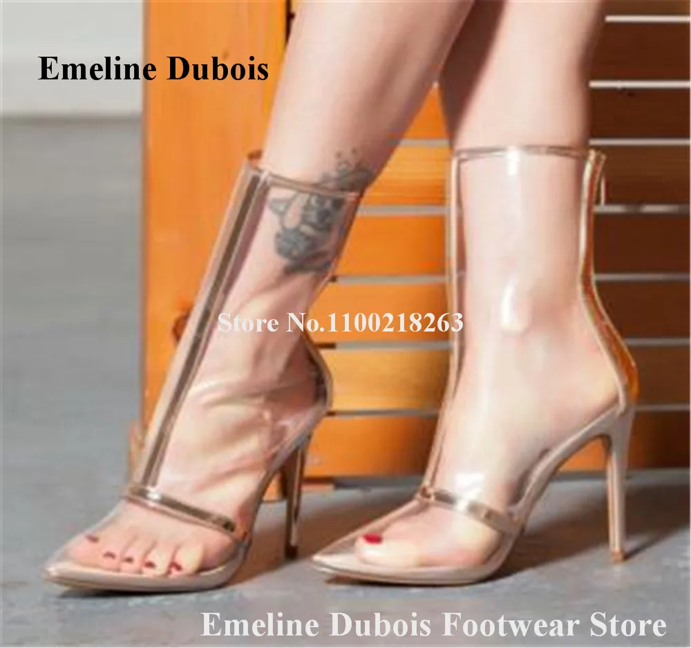 

Golden Stripes PVC Short Boots Emeline Dubois Pointed Toe Clear Transparent Patchwork Stiletto Heel Ankle Booties Club Shoes