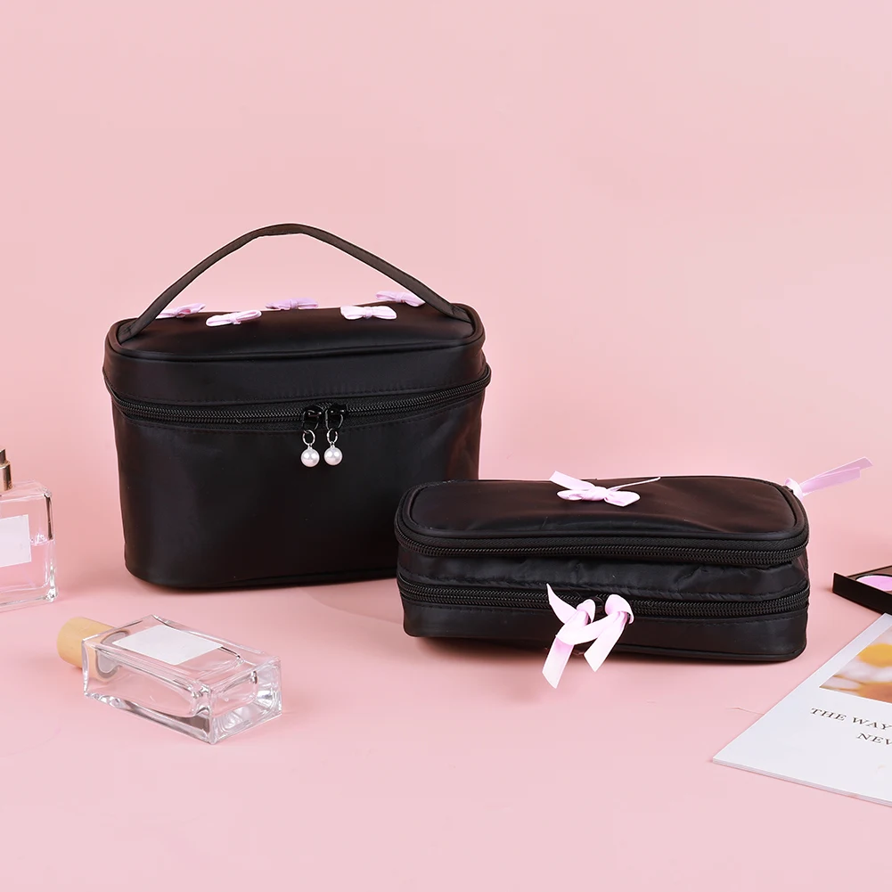 Tas Makeup Travel dengan Pita untuk Wanita, Organizer Makeup Lucu dengan Ritsleting, Tas Kosmetik, Tas Perlengkapan Mandi untuk Perlengkapan Perjalanan