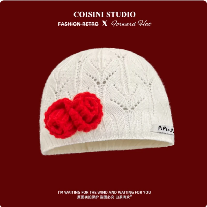 

Вязаная шапка-бини ручной работы в корейском стиле с ажурным цветочным узором для женщин, теплая, для осени и зимы