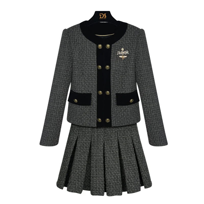 New Fashionable and Elegant Celebrity Temperament College Style Design Small Fragrance Jacket + Pleated Skirt Suit