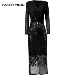 MARYYIMEI Autumn and winter New Style fashionable Dress Women V-Neck Long Sleeved Sequins Formal evening gowns Dresses