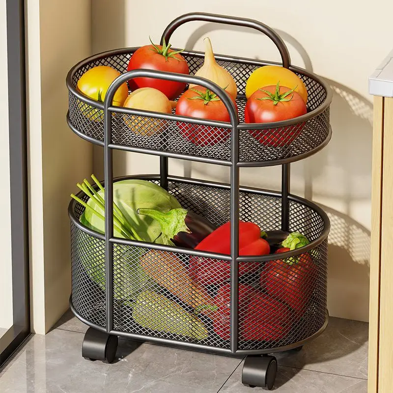 Kitchen Storage Trolley 2-Tier Black Metal Mesh Rolling Cart, Fruit Vegetable Organizer Basket With Wheels For Home Kitchen