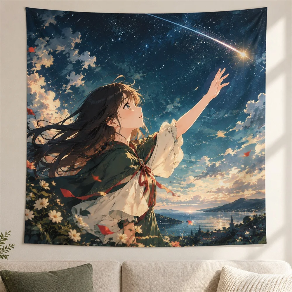 VIKAMA Shooting Star Girl Anime Tapestry Wall Hanging, Galaxy Anime Wall Decor Tapestries for Bedroom Living Room Study Dorm
