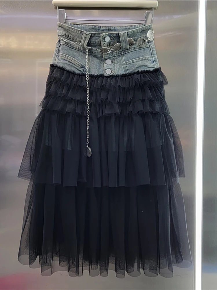 DEAT Falda vaquera para mujer, faldas largas elegantes de gasa con corte en A de malla multicapa de retales de cintura alta, nueva moda de primavera