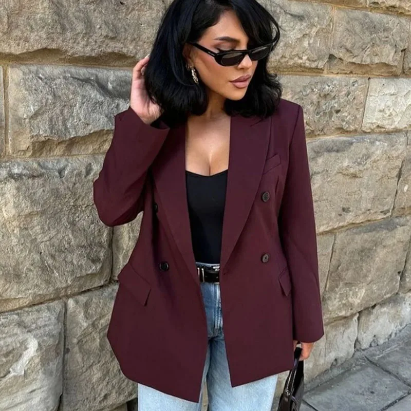 

Vintage Wine Red Blazer Jacket Women Fashion Double-Breasted Long Sleeve Suit Jackets Female 2025 New Autumn Lapel Office Coat