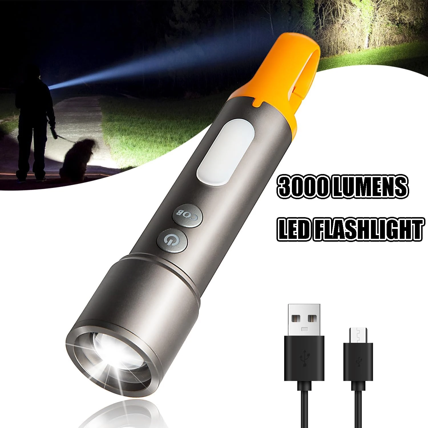 

3000 High Lumens LED Rechargeable Tactical Flashlight with Camping COB Sidelight Zoomable Multicolor Lense Flashlight for Hiking