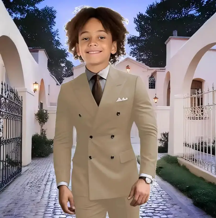 Fashion Light Grey Boy Suit Formal Child Jacket 2 Piece Blazer Pants Wedding Tuxedo Double Breasted Costume Enfant Garçon