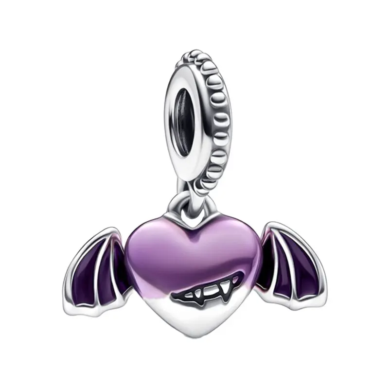 

Halloween Vampire Winged Hearts Pendants Charms For Women 925 Silver Jewelry Gradient Purple Enamel Etched Smile Microbeads Bail