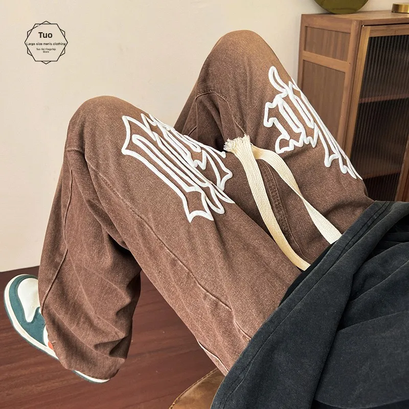 

Retro American Brown Denim Jeans Men's High Street Foamed Print Hiphop Long Loose Cool Casual Autumn Jeans Cotton Polyester