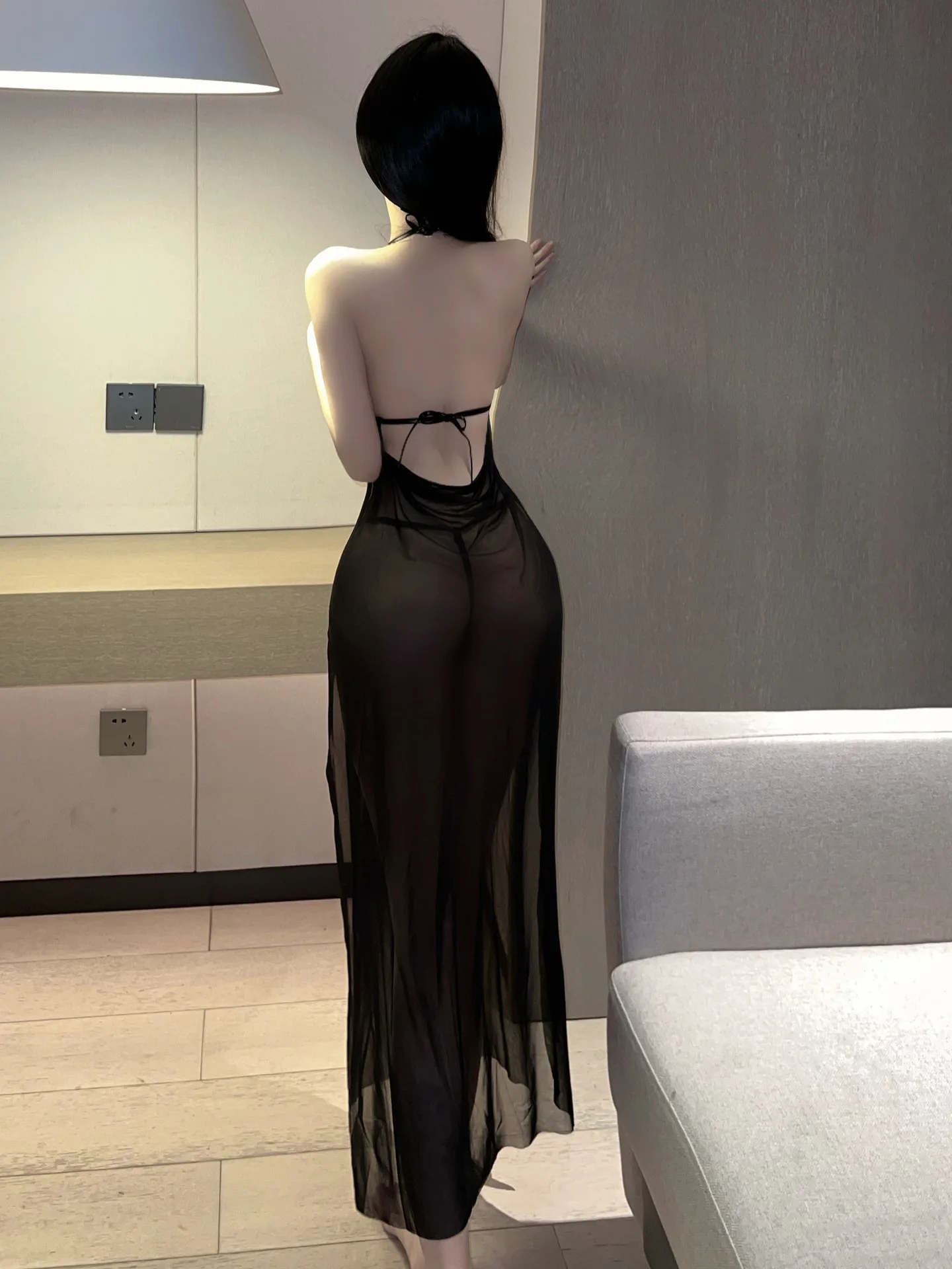 الملابس الداخلية عالية مثير الشق فستان طويل أنيق فضفاض المناسب معلقة الرقبة نمط الدانتيل الأسود العميق الخامس الرقبة نمط الأخت الإمبراطورية AV98