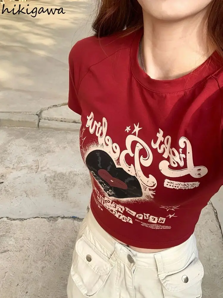 Korean Woman Tshirts Y2k Crop Tops Letter Print O-neck Short Sleeve Tunic Tees Chic Casual T-shirt 2024 Ropa Mujer Summer Tees