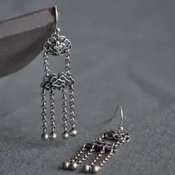 Vintage Thai silver tassel flower design drop earrings for women Chinese style unique art ethnic style ladies jewelry