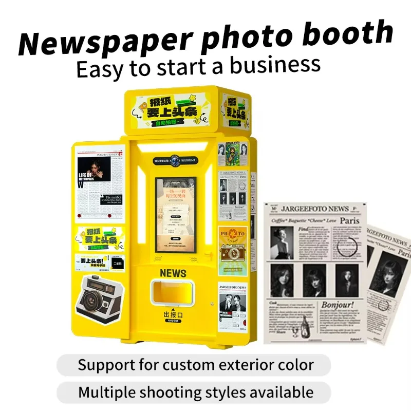 Custom a3 format newspaper photo booth kiosk equipped with laser printer for high return mall event rental business operators
