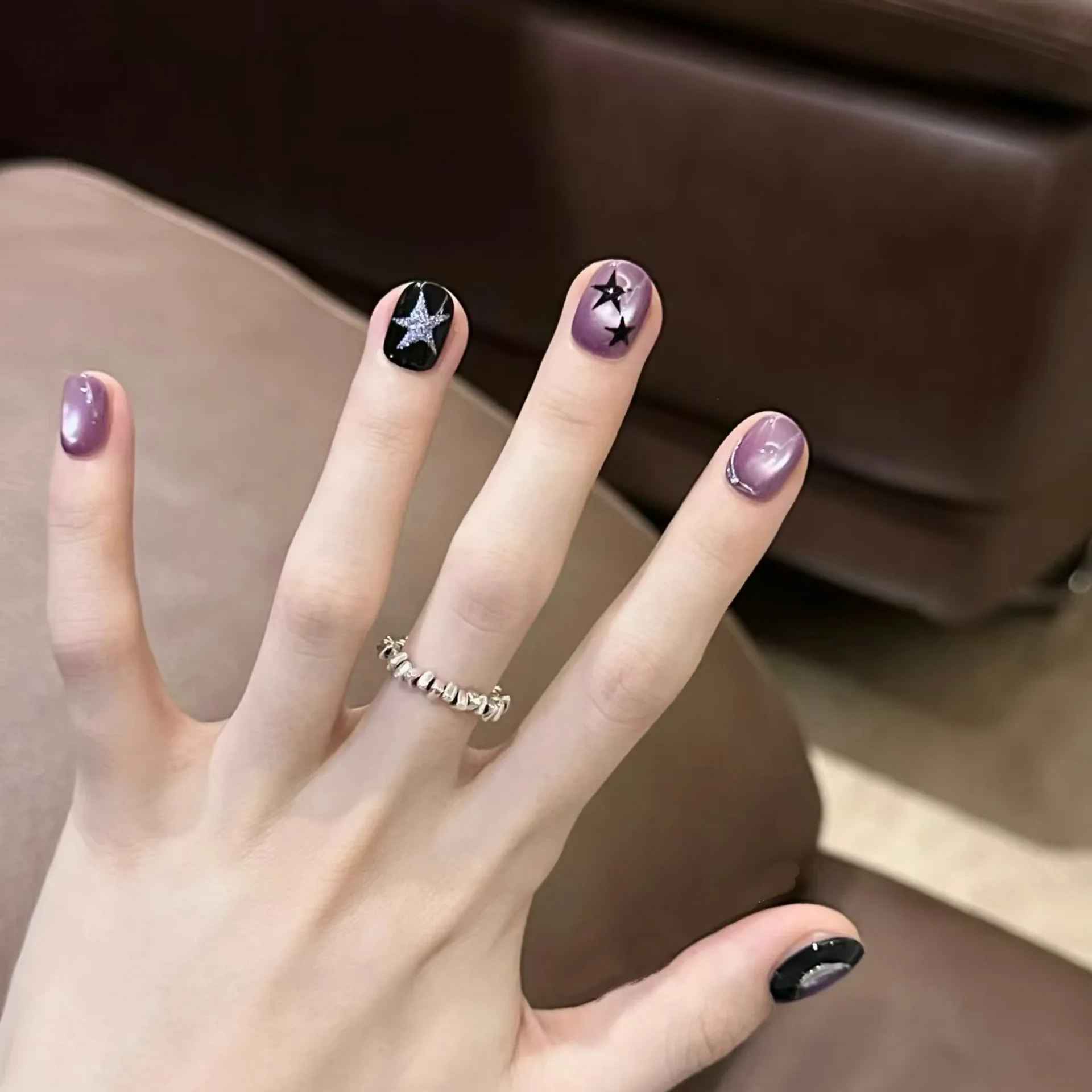 

10pcs Handmade Nails Dreamy Purple Cat Eye Star Elements Sweet Cool Style Whitening Press-on Reusable Nails Suitable for Girls