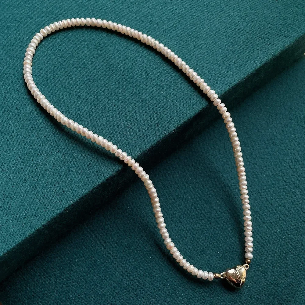 Natural Freshwater Pearl Choker Necklace for Women Golden Magnetic Clasp Heart Charm Small Button Baroque Pearl Necklace Luxury