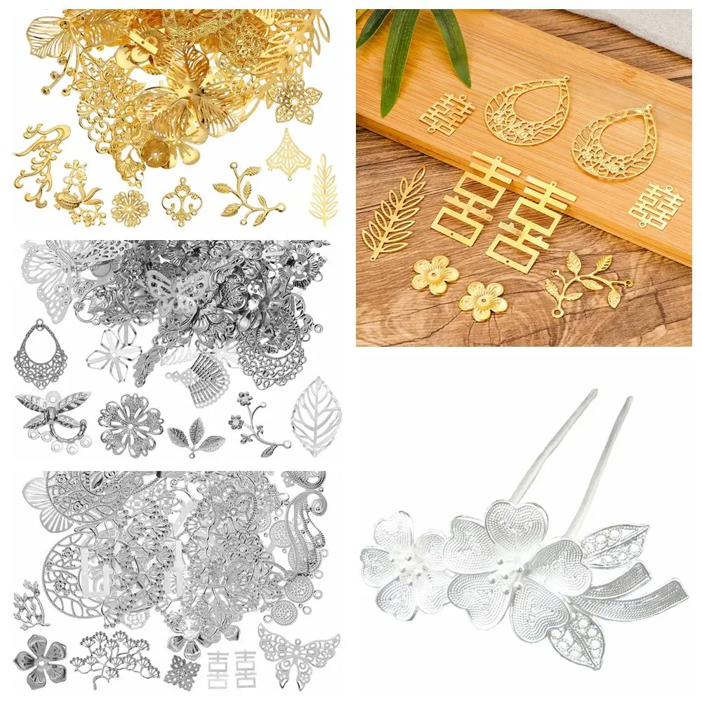 50g Gift Hairpin Crafting Barrettes DIY Accessories Retro Filigree Butterflies Leaves Metal Flower Slices Mixed Pattern