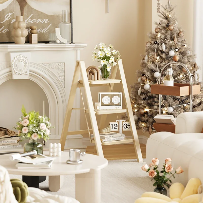 Cream Wind Home Folding Ladder Small Multi-functional Lightweight Ladder Chair Decorative Flower Frame Ladder Home Furniture