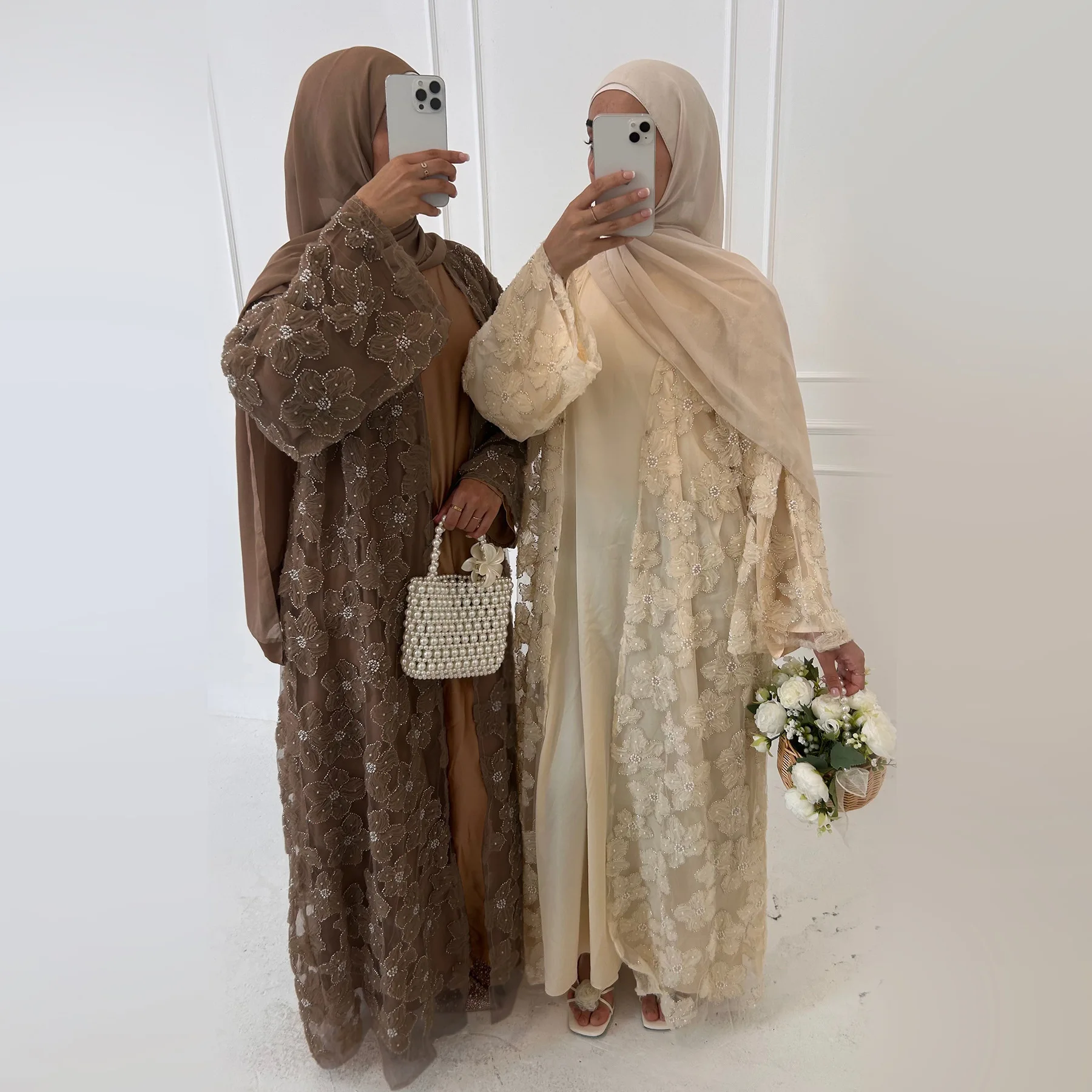 

3 Piece Abaya Set with Hijab 3D Flower Beaded Kimono with Inner Dress Muslim Outfits Dubai Party Sets Islamic Clothing for Women