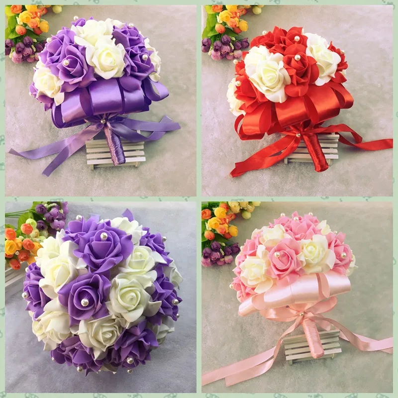 Beautiful PE Rose Flowers Pearls New Arrival Romantic Wedding Bride 's Bouquet Red Pink And Purple Bridal Bouquet