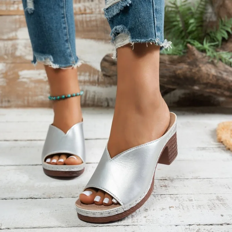 Women's Open-Toe High-Heel Slippers Summer New Fashion Outdoor Wear Slip-On Shoes 36-43 Sizes Polyurethane Upper Cushioning