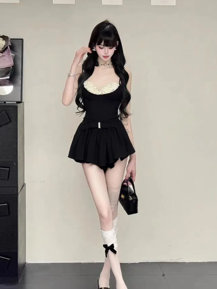 Gonna ort a vita alta con giunture in pizzo, cinturino color sangue, set sexy estivo da donna Bla V-Ne Svel Faion Ensemble
