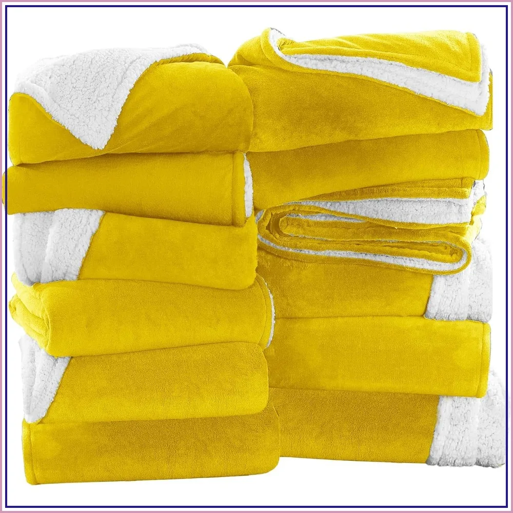 12 Pack Bulk Twin Sherpa Blankets 60x80 Mustard Soft Warm Cozy Throw for Bed Couch Travel