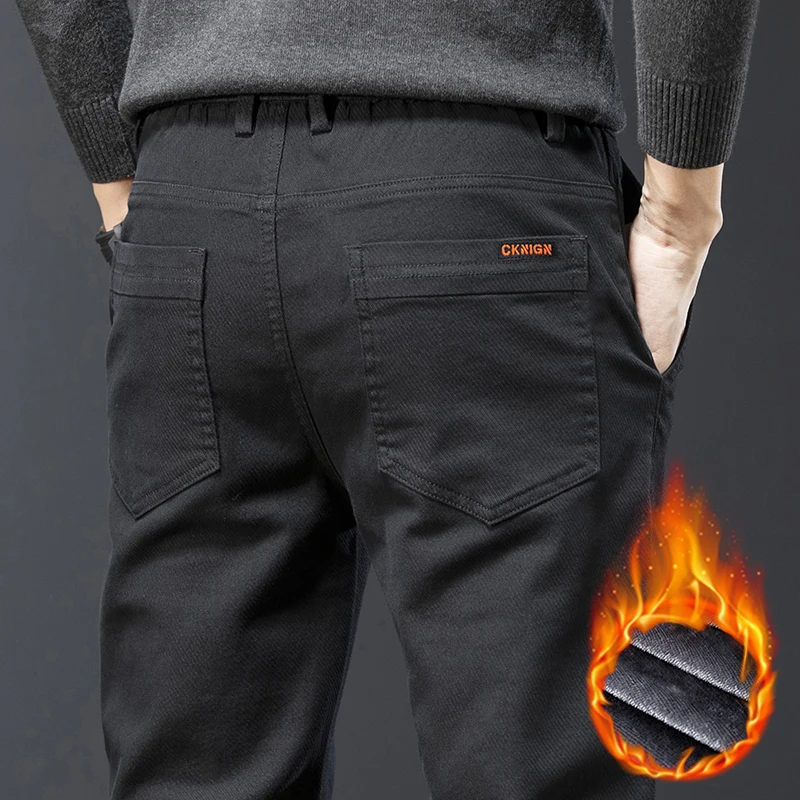 

Classic Men's Fleece Slim Casual Pants Straight Thick Velvet Business Trousers Solid Color Brand Male Clothing New Warm Pants