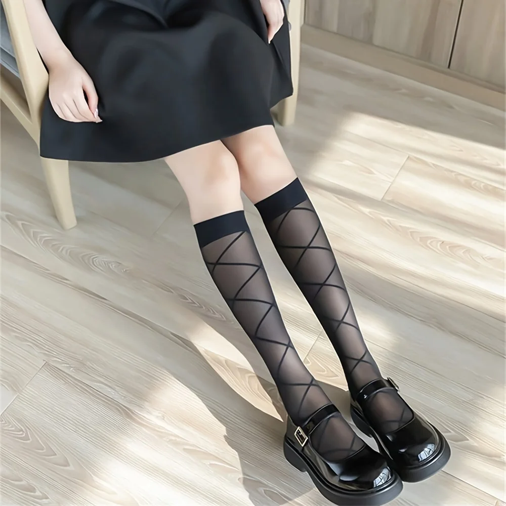 Criss Cross Pattern Calf Socks Dark Sheer All-match Knee High Socks Women's Stockings  Hosiery