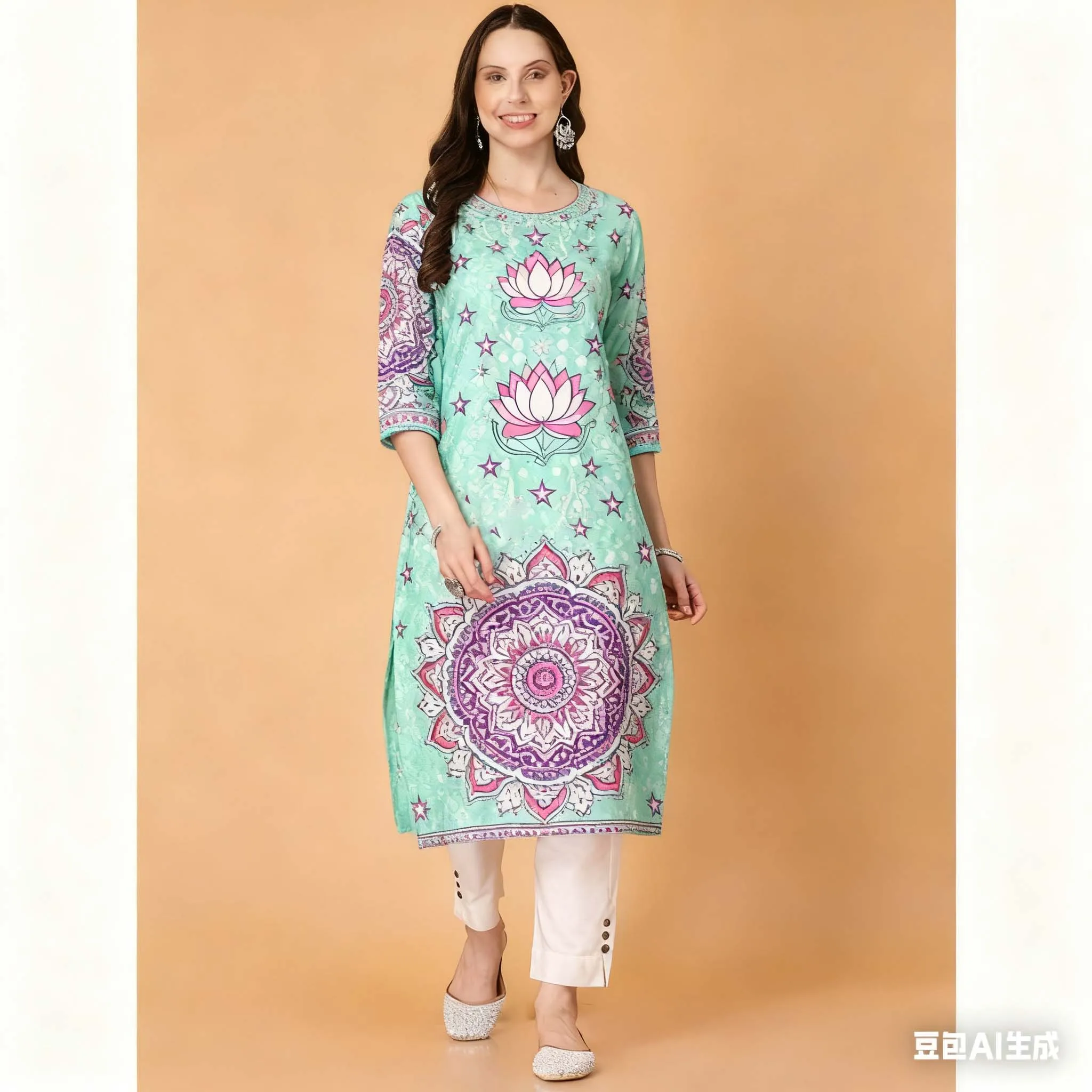 ชุดเดรสสไตล์ชาติพันธุ์แบบคุर्ตะสำหรับผู้หญิง ดีไซน์สบายๆ ชายเสื้อผ่าตรง ลายพิมพ์นกยูง แฟชั่นใหม่ สไตล์ลำลองแบบชาติพันธุ์ ชุดเดรสผู้หญิงแบบตุรกี