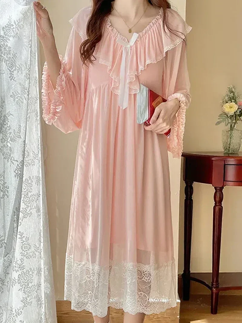 Women Female Fairy Ruffles Mesh Lolita Vintage Princess Nightdress Female Spring Pure Cotton Lace Victorian Nightgowns Sleepwear