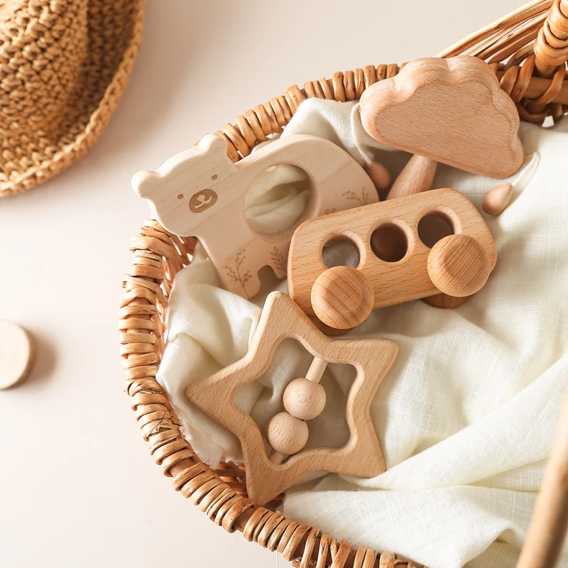 

1Set Wooden Toy Sets Clouds Rattle Wood Car Maple Cartoon Animal Baby Teether Baby Gym Mobile Rattles Newborn Educational Toys