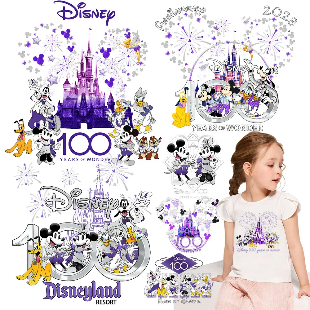 Disney-pegatinas de transferencia térmica para ropa, parches con estampado de Minnie para planchar, camisetas, 100 años de maravilla