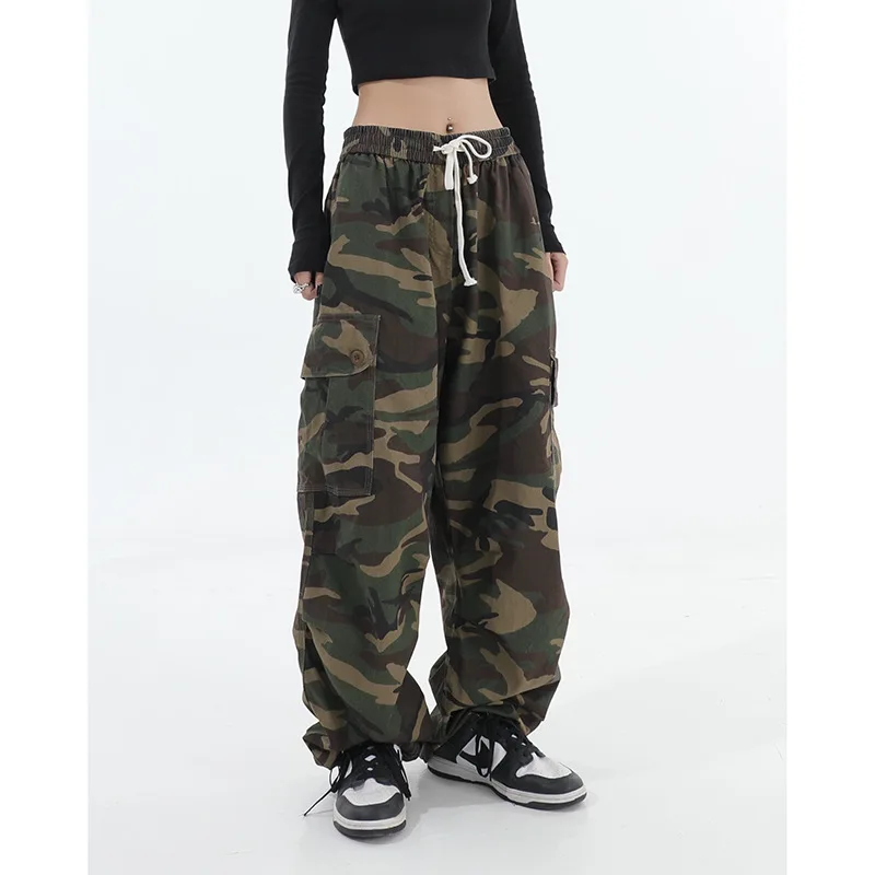 Retro Trendy Camouflage Women Work Pants ins Sweet And Cool Style Hip-hop Vintage High Street Clothing Wide Leg Long Pants Y2K