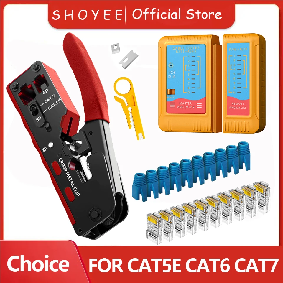 Rj45 Rj12 Rj11 Pass Through Crimp Plier Cat7 Cat6 Cat6A Cat5 Cat5e Stripping Crimping Tool with 8P/6P Ethernet Connectors