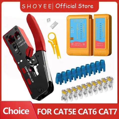 Rj45 Rj12 Rj11 Pass Through Crimp Plier Cat7 Cat6 Cat6A Cat5 Cat5e Stripping Crimping Tool with 8P/6P Ethernet Connectors