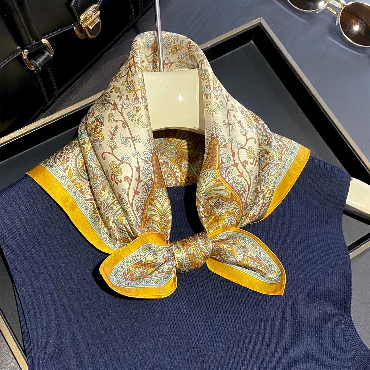 

53CM Square 100% Silk Scarf Luxury Paisle Flower Printed Small Head Neck Hijab Women Kerchief High Quality Silk Bandana Scarves