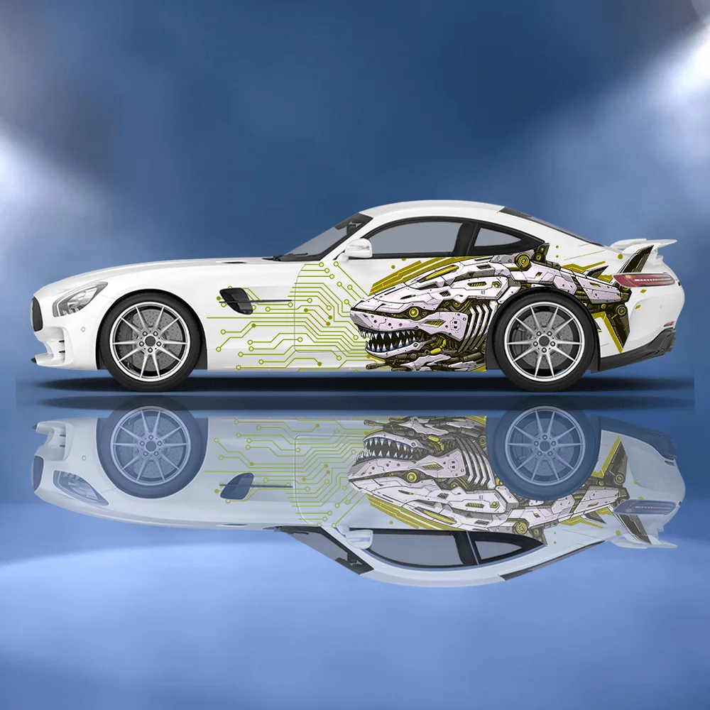 

Футуристическая наклейка на автомобиль в виде механической акулы, наклейки на весь кузов для украшения и маскировки царапин, водонепроницаемая виниловая пленка для автомобиля.