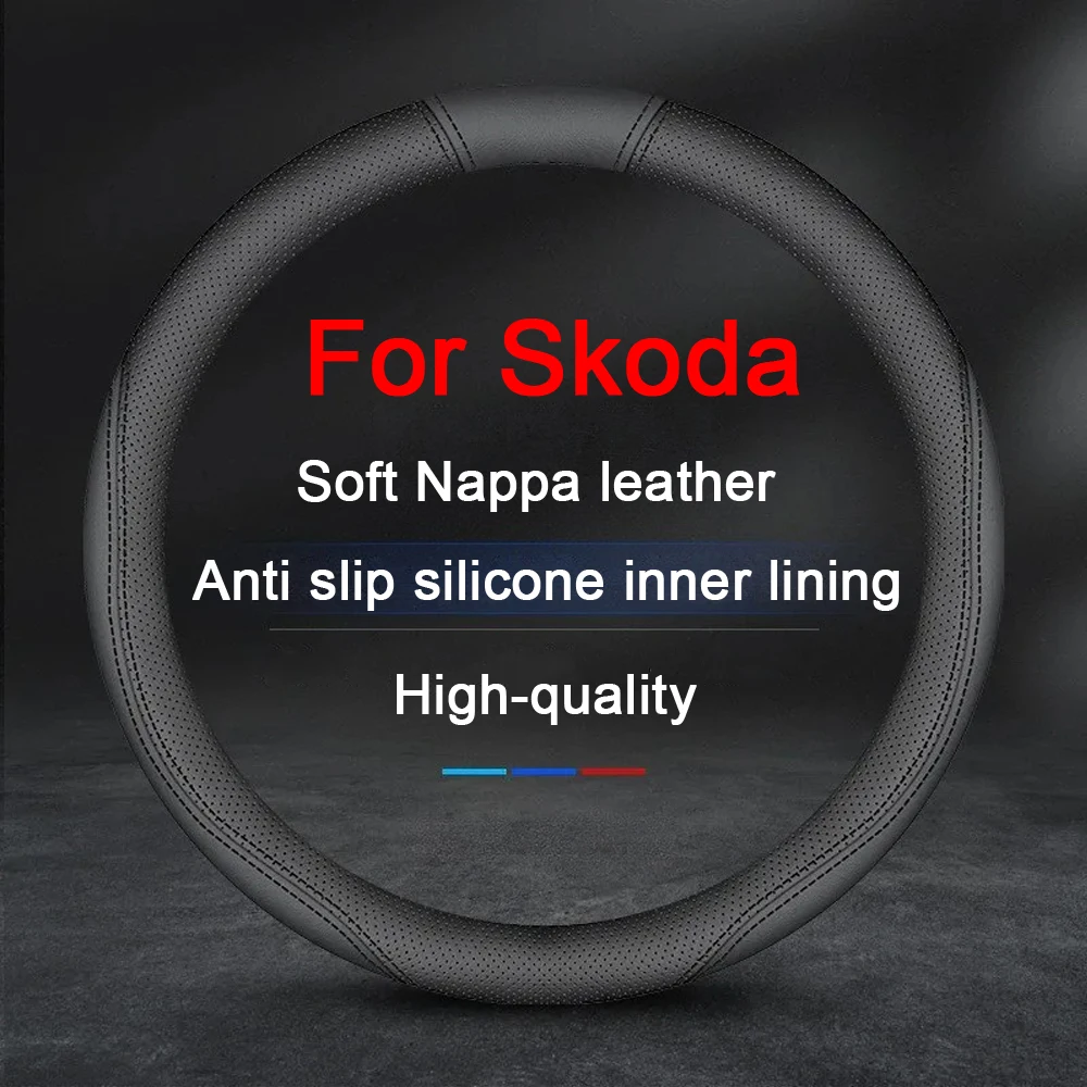 Car Steering Wheel Cover Nappa Leather Non-slip Wheel Booster Cover For Skoda Octavia Fabia Karoq Kamiq Roomster Kodiaq Rapid