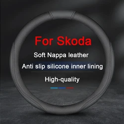 Car Steering Wheel Cover Nappa Leather Non-slip Wheel Booster Cover For Skoda Octavia Fabia Karoq Kamiq Roomster Kodiaq Rapid